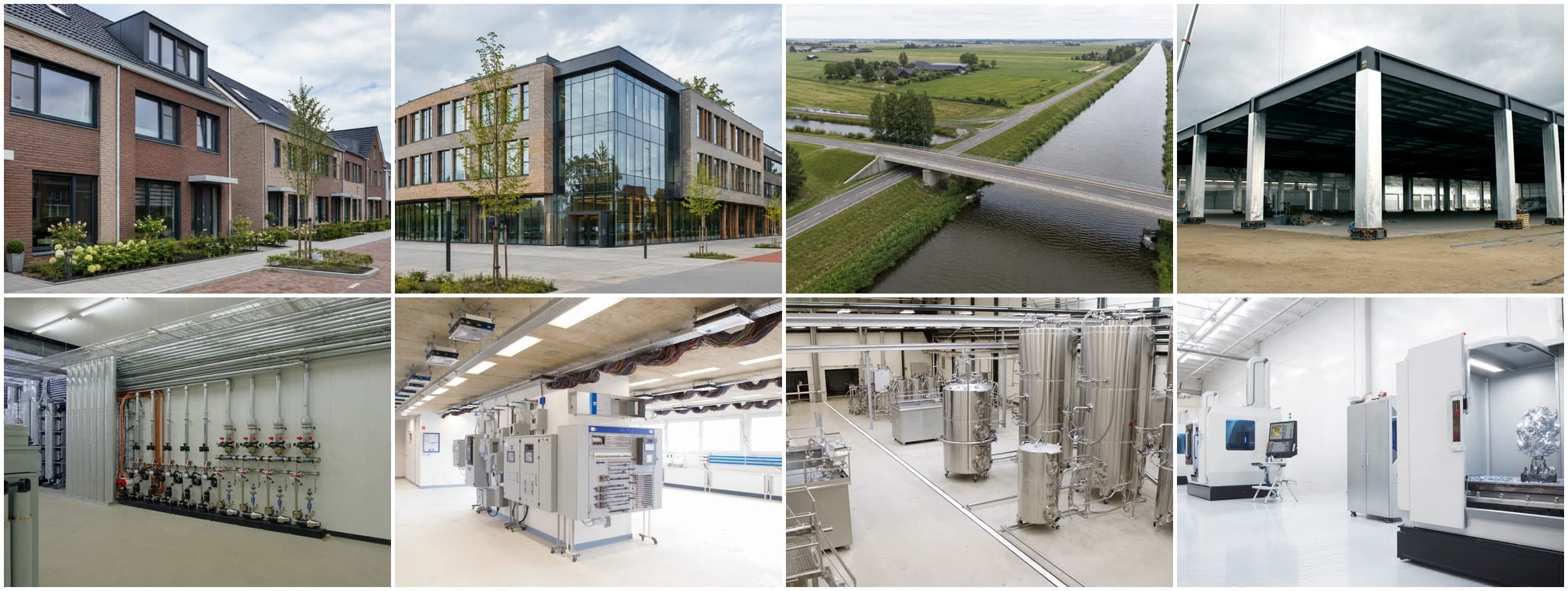 De acht sectoren waarvoor heldr.ai calculeert: woningbouw, utiliteitsbouw, grond-, weg- en waterbouw, staalbouw, installatietechniek, elektrotechniek, industrie en proces, en machinebouw